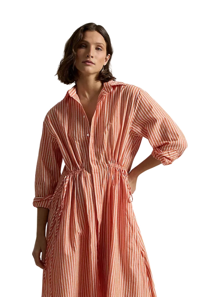 Striped Drawcord Shirtdress - Orange/White