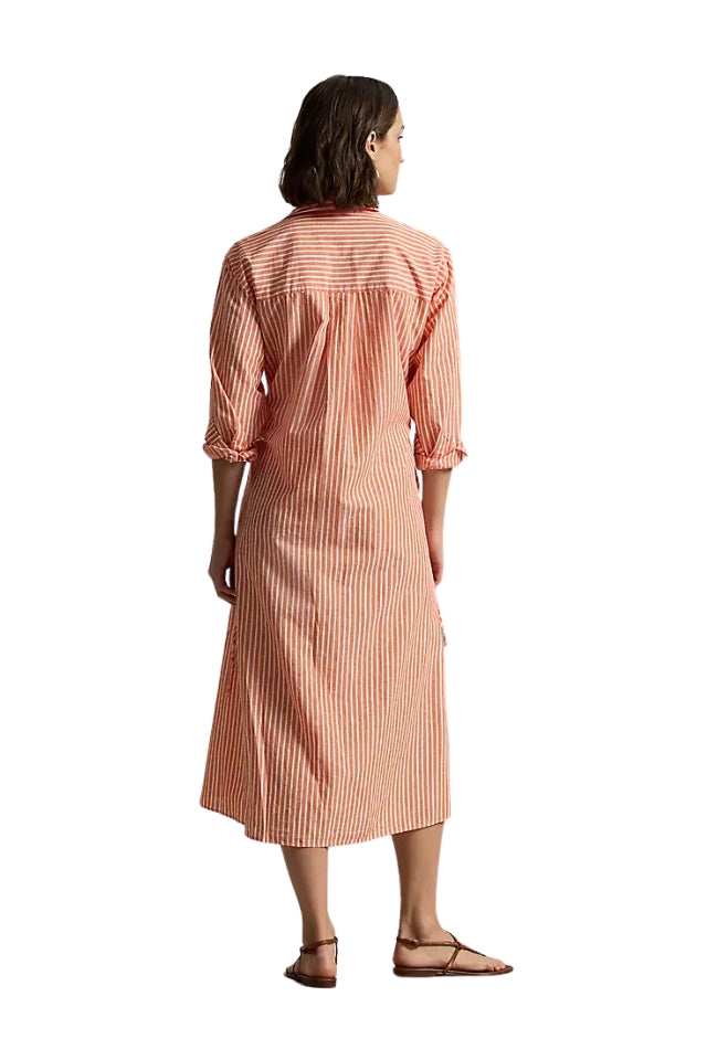 Striped Drawcord Shirtdress - Orange/White