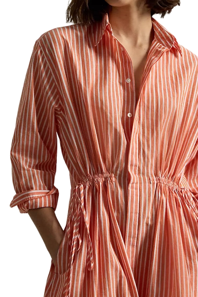 Striped Drawcord Shirtdress - Orange/White