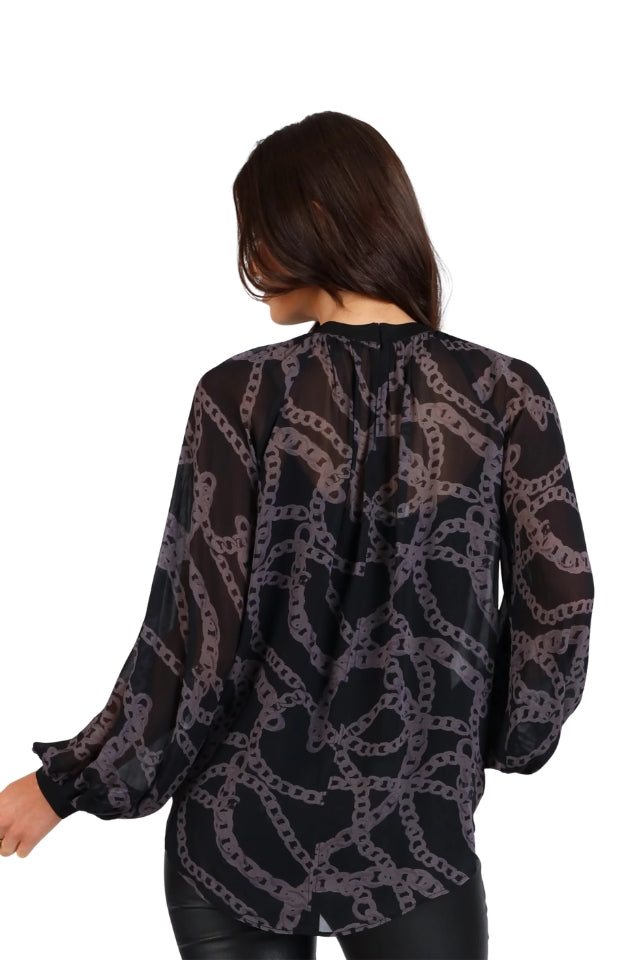 Chain Loop Print Top - Black and Grey Print