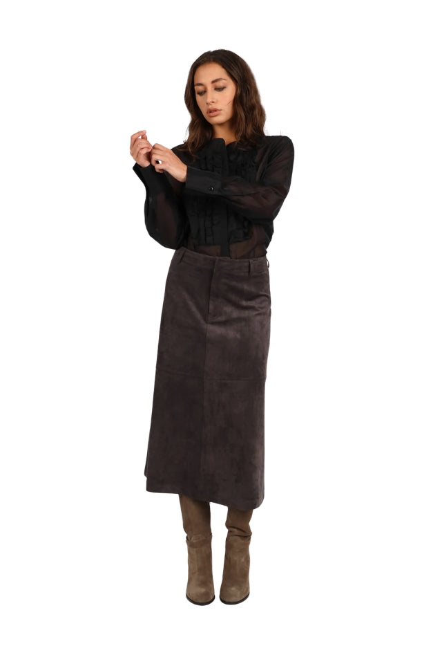 Faux Suede Midi Skirt - Chocolate