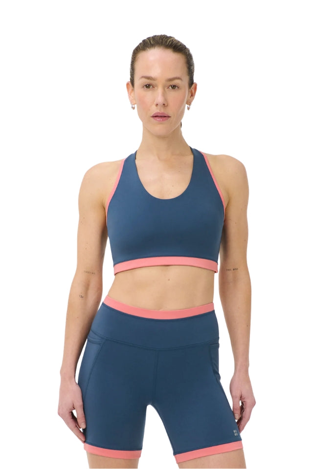 Power Colourblock Racer Bra - Indiglow Blue / Melrose Pink