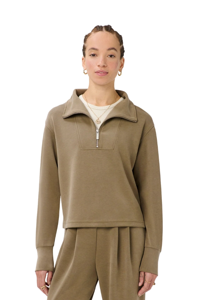 Sand Wash Half Zip Crop Sweatshirt - Khaki Brown