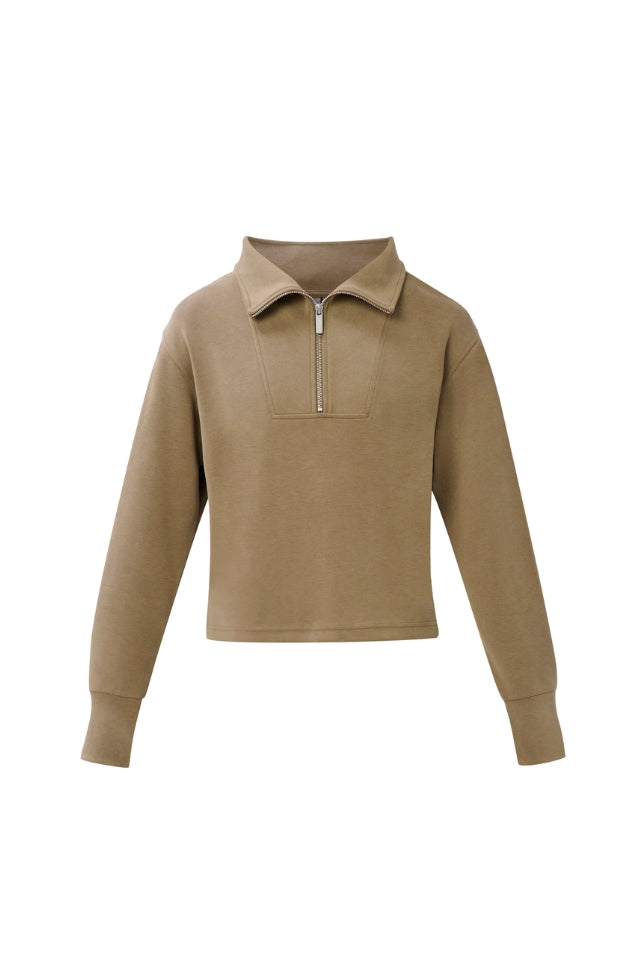 Sand Wash Half Zip Crop Sweatshirt - Khaki Brown
