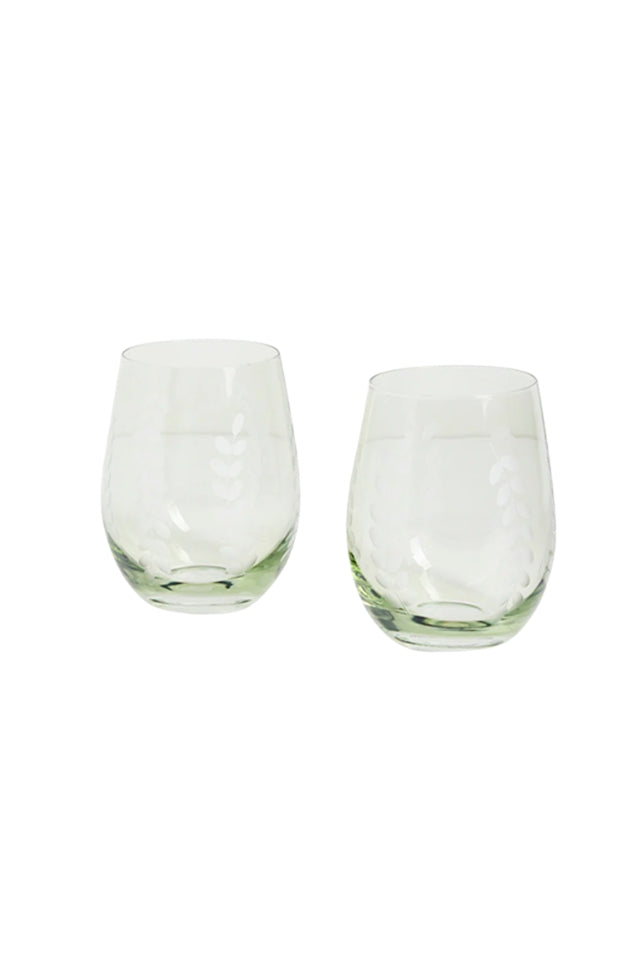 Etched Leaf Stemless Wine Glasses Set 2 - Olive Green