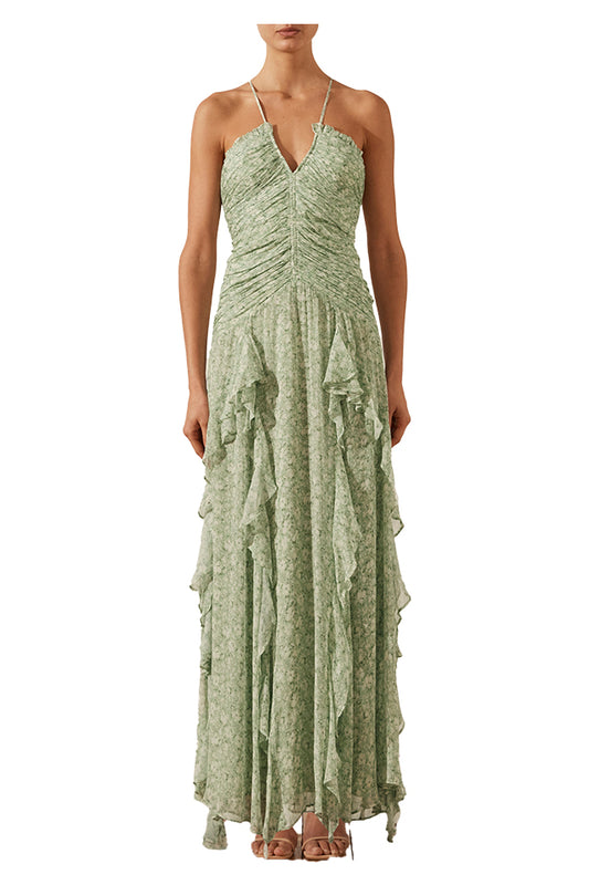 223014 Shona Joy Aurore Ruched Frill Maxi Dress Thyme