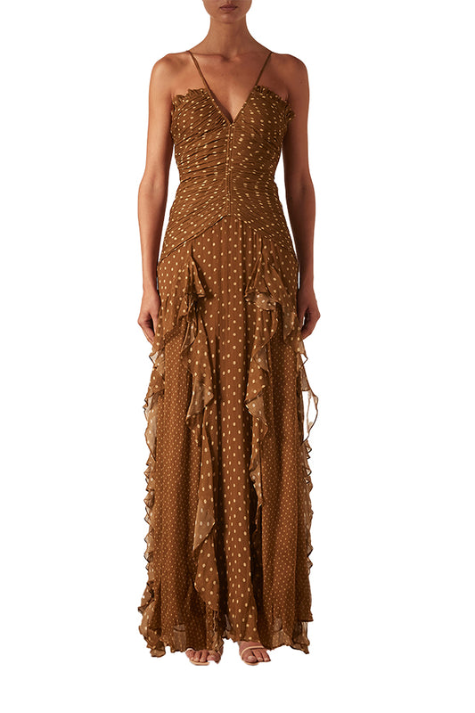 223024 Shona Joy Brielle Ruched Frill Maxi Dress Almond Sand 