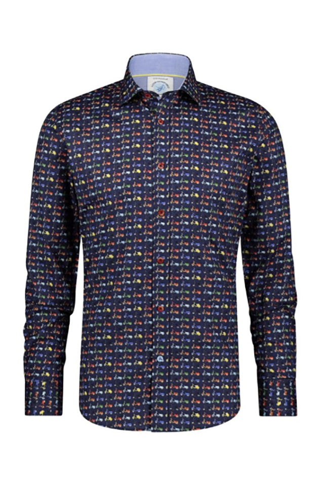 A Fish Named Fred Scooter Print Long Sleeve Shirt Navy 