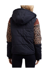 All about eve huxley leopard puffer jacket in black and brown with leopard print