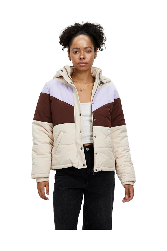 All about eve womens Lucca puffer jacket in cream with brown and purple blocking