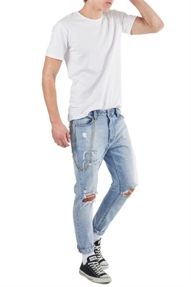 Men's A-Brand Dropped Slim Turn Up Jean Light Blue Denim Ripped Knees Distressing on the Upper Legs with Chain Colour Rogue Beach