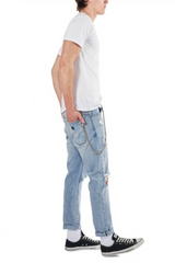 Men's A-Brand Dropped Slim Turn Up Jean Light Blue Denim Ripped Knees Distressing on the Upper Legs with Chain Colour Rogue Beach