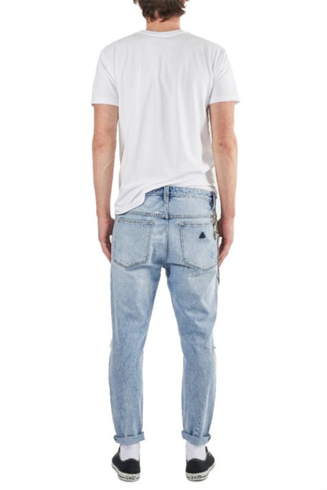 Men's A-Brand Dropped Slim Turn Up Jean Light Blue Denim Ripped Knees Distressing on the Upper Legs with Chain Colour Rogue Beach