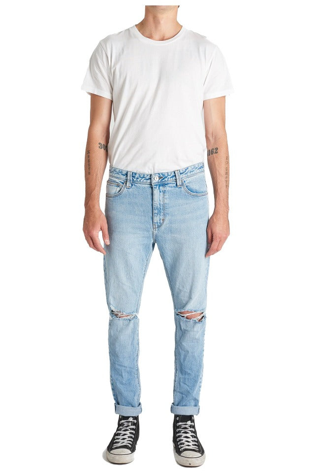 A-Brand Dropped Slim Jean Optimo Eco Rip Light Blue Denim with holes in the knees