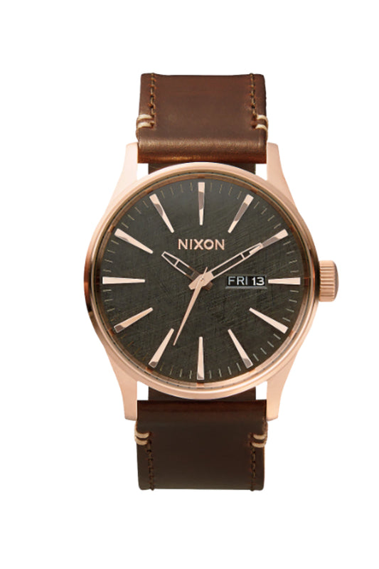 Nixon Sentry Leather Watch Rose Gold Gunmetal Brown