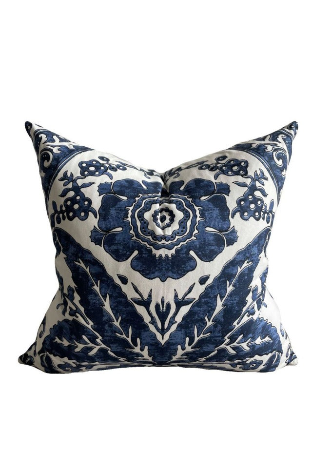 Le Monde Blue Floral Cushion w/ Feather Inner Blue/White