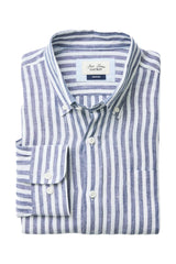LSHS22153 Gazman Pure Linen Striped Shirt Navy 