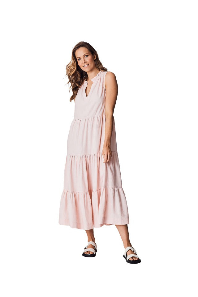 OTH480 The Others Tiered Linen Maxi Dress Pink