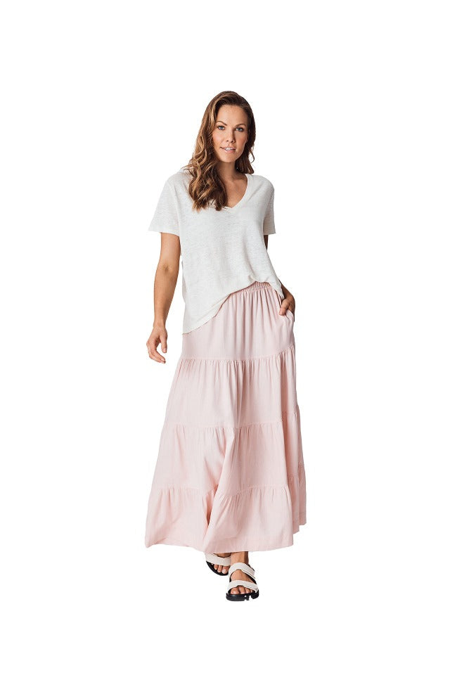 OTH479 The Others Tiered Linen Maxi Skirt Pink